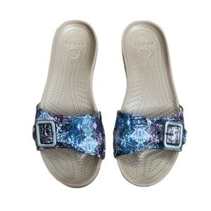 CROCS Sarah’s Blue and Purple Floral Buckle Slide Sandals Size 8